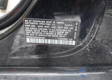 2014 Volkswagen Passat 2.0L Tdi Sel Premium из США, поврежденный, VIN 1VWCN7A3XEC034093